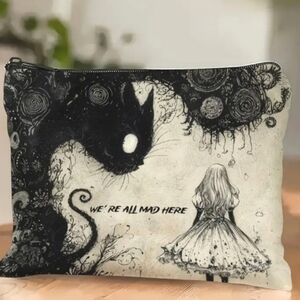 NEW Alice In Wonderland WE'RE ALL MAD HERE Cat Alice Cosmetic Makeup Bag